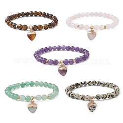 Runde Perlen-Stretch-Armbänder aus natürlichem Edelstein, mit Herzanhänger, Innendurchmesser: 2-1/8~2-1/4 Zoll (5.4~5.6 cm)