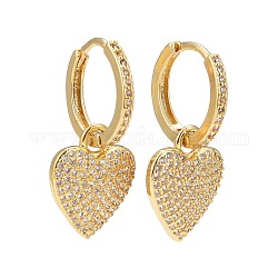 Cubic Zirconia Heart Dangle Hoop Earrings, Real 18K Gold Plated Brass Jewelry for Women, Lead Free & Cadmium Free, Clear, 27mm, Pin: 1mm