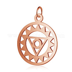 201 Stainless Steel Pendants, Chakra, Visuddha, Flat Round with Triangle, Rose Gold, 22.5x19x1mm, Hole: 3mm