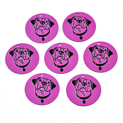 Pendentifs en fer peint, de Style caoutchouté, 3d imprimé, motif d'impression de chien carlin, plat rond, violet foncé, 25.5x0.8mm, Trou: 1.2mm