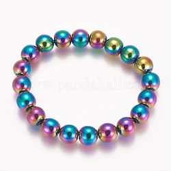 Bracelet extensible perlé en hématite synthétique non magnétique électroplaqué, ronde, multi-couleur plaquée, 2-1/8 pouce (5.3 cm), perle: 10 mm