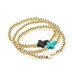 Set di braccialetti elasticizzati con perline sintetiche turchesi (tinte) incrociate per ragazze e donne, bracciali di perline di plastica abs, oro, diametro interno: 2-1/4 pollice (5.6 cm), 3 pc / set