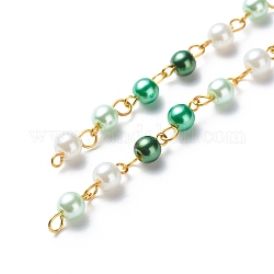 Catene di perline rotonde di perle di vetro fatte a mano, con perni in ottone, senza saldatura, verde, 13x6mm, circa 3.28 piedi (1 m)/scatola
