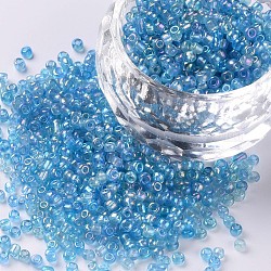 12/0 perles de rocaille rondes en verre, couleurs transparentes arc, trou rond, Aqua, 12/0, 2mm, Trou: 1mm, environ 3333 pcs/50 g, 50 g / sac, 18 sacs/2 livres