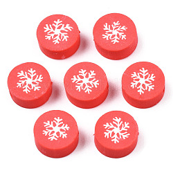 Abalorios de arcilla polimérica hechos a mano, Estilo de la Navidad, plano y redondo con el copo de nieve, rojo, 9x4mm, agujero: 1.6 mm