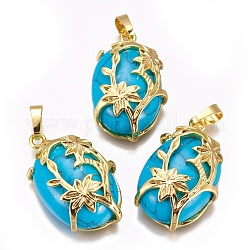 Synthetic Turquoise Pendants, with Golden Tone Brass Findings, Oval with Flower, 32x20x9mm, Hole: 5x8mm