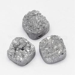 Perline di cristallo di quarzo naturale druzy elettrolitico, quadrato, Argento Placcato, 14~15x14~15x8~9mm, Foro: 1.5 mm