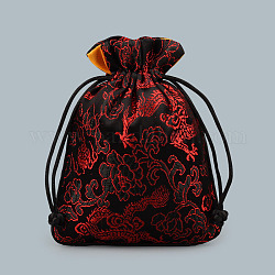 Bolsas de regalo de joyería con cordón de seda de estilo chino, bolsas de almacenamiento de joyas, forro de color aleatorio, rectángulo con patrón de dragón, de color rojo oscuro, 15x11.5 cm