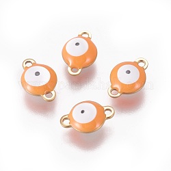 Ion Plating(IP) 304 Stainless Steel Enamel Links connectors, Flat Round with Evil Eye, Golden, Coral, 12x8x4mm, Hole: 1.4mm