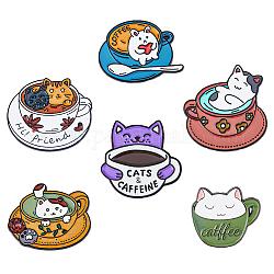 Hobbiesay 6pcs 6 estilo gato con pin de esmalte taza, insignia de aleación para ropa de mochila, color mezclado, 23~34x26~33x1.4~1.7mm, pin: 1.2 mm, 1pc / estilo