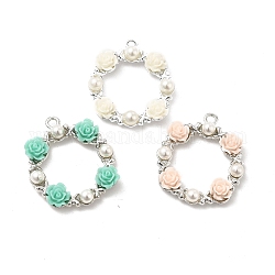 Colgantes de la aleación, colgantes de anillo con flor, con perlas de imitación de resina y abs, color mezclado, Platino, 27x23.5x4.5mm, agujero: 1.8~2 mm