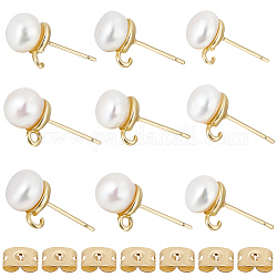 Beebeecraft 1 Box 12Pcs Pearl Stud Earrings Findings 18K Gold Plated Round Ball Earring Posts with Loop and Ear Nuts for DIY Earring Making Hole: 0.6mm