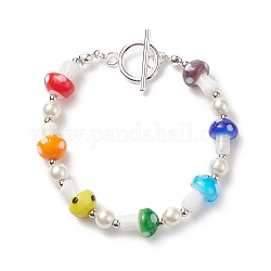 Bracelet en perles de verre et champignon au chalumeau avec 304 fermoir à bascule en acier inoxydable pour femme, colorées, 7-5/8 pouce (19.4 cm)