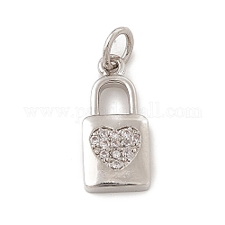 Pendentifs en laiton zircon cubique transparent, avec anneaux ouverts, cadenas avec motif coeur, platine, 16x7x2mm, anneau de jonction: 4.5x0.7mm, diamètre intérieur: 3 mm