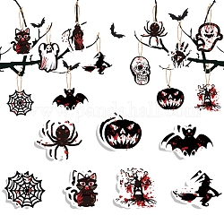 12 estilos de etiquetas de papel con tema de halloween, con cuerda de cáñamo, etiquetas de regalo etiquetas colgantes para decoración de halloween, color mezclado, 56~70x54~74.5x0.2mm, agujero: 4.5 mm