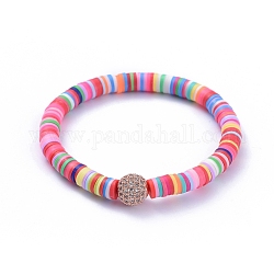 Bracelets extensibles faits main en pâte polymère heishi, avec micro-pavé en laiton perles rondes en zircone cubique transparente, or rose, 2-1/4 pouce (5.6 cm)