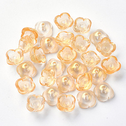 Bouchons de perles en verre peint à la bombe transparent à 4 pétale, avec de la poudre de paillettes, fleur, or, 11.5x11.5x7mm, Trou: 1.6mm