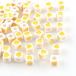 Opaque Acrylic European Beads, Large Hole Cube Beads, with Heart Pattern, Yellow, 7x7x7mm, Hole: 4mm, about 1900pcs/500g
