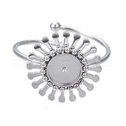 304 Stainless Steel Open Cuff Finger Ring Cabochon Settings, Flower, Stainless Steel Color, US Size 9(18.9mm), Tray: 6mm