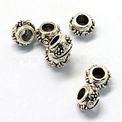 Alloy Rhinestones European Beads, Large Hole Beads, Rondelle, Antique Silver, Crystal, 10x6.5mm, Hole: 4.5mm