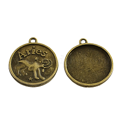 Tibetan Style Alloy Flat Round Pendant Cabochon Settings, with Aries Constellation/Zodiac Sign, Cadmium Free & Nickel Free & Lead Free, Tray: 25mm, 32x28x3mm, Hole: 3mm, about 262pcs/851g