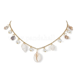 Collar babero con dijes de perlas de vidrio y concha en espiral natural, dorado, 15.94 pulgada (40.5 cm)