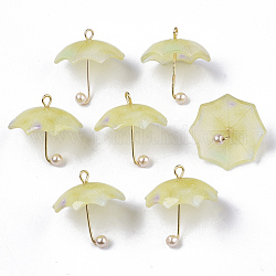 Pendentifs acryliques, avec boucles en laiton plaqué or et perle imitation plastique ABS, parapluie, verge d'or pale, 20~21x20x20mm, Trou: 1.6mm