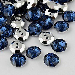 Botones redondos planos del diamante artificial de acrílico de Taiwán de 2-agujero, facetado y plateado plateado hacia atrás, azul marino, 11.5x4.5mm, agujero: 1 mm