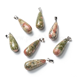 Natural Unakite Pendants, with Platinum Brass Findings, Teardrop, 26.5~29x10mm, Hole: 2.5~3.5x4~6mm