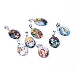 Jesus & vierge mary theme verre pendentifs, avec accessoires en 201 acier inoxydable, ovale, couleur mixte, 29.5x18.5x5~6mm, Trou: 4x6mm