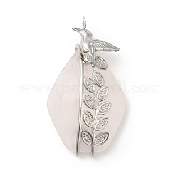 Natural Rose Quartz Pendants, Teardrop Charm, with Stainless Steel Color Plated 304 Stainless Steel Bird Findings, 41x23x10.5mm, Hole: 3mm