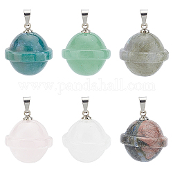 Unicraftale 6Pcs 6 Styles Natural Mixed Stone Pendants, Natural Glaucophane & Indian Agate & Labradorite & Green Aventurine & Rose Quartz & Quartz Crystal, with Stainless Steel Findings, Planet, Stainless Steel Color, 22.5x20mm, Hole: 3x5mm, 1pc/style