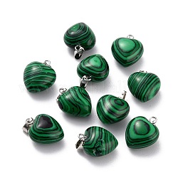 Synthetic Malachite Pendants, with Platinum Brass Loops, Heart, 18~19x15~15.5x6~8mm, Hole: 6x2.5~3mm