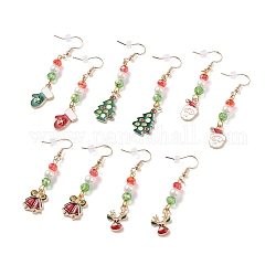Breloque thème de noël en émail avec boucles d'oreilles pendantes en perles de verre, bijoux en laiton plaqué or pour femme, couleur mixte, 57~65mm, pin: 0.8 mm