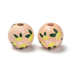Perles de bois naturel peintes à la bombe, avec motif de citron, colorées, 14.5mm, Trou: 3.5~4mm