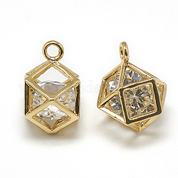 Latón charms de circonio cúbico, poliedro, Claro, real 18k chapado en oro, 13x8x10mm, agujero: 1 mm