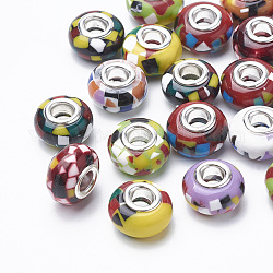 Harz europäischen Perlen, Großloch perlen, mit versilberten Messingkernen, Rondell, Mischfarbe, 14~14.5x8.5~9 mm, Bohrung: 5 mm