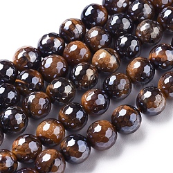 Brins de perles en oeil de tigre naturel galvanisées, facette, ronde, selle marron, 8mm, Trou: 1mm, Environ 47~48 pcs/chapelet, 15.1~15.5 pouce (38.5~39.5 cm)
