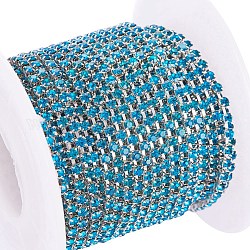 Brass Rhinestone Strass Chains, with Spool, Rhinestone Cup Chain, about 2880pcs Rhinestone/bundle, Grade A, Silver Color Plated, Blue Zircon, 2mm, about 10yards/roll