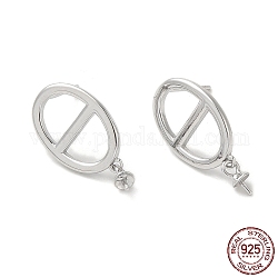 Rhodium Plated 925 Sterling Silver Stud Earring Findings, for Half Drilled Beads, Oval, with S925 Stamp, Real Platinum Plated, 20x10.5mm, Pin: 0.9mm and 10.5x0.9mm