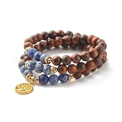 Dual-use Items, Three Loops Natural Blue Spot Jasper & Wood Round Beaded Wrap Bracelets or Beaded Necklaces, Tree of Life Charm Bracelets for Women, Golden, 23-1/8 inch(58.8cm)