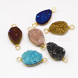 Mixed Electroplate Rough Raw Gemstone Natural Druzy Crystal Links, with Golden Brass Findings, Mixed Color, 22~27x10~15x4~10mm, Hole: 3mm