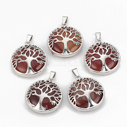 Natural Carnelian Pendants, with Brass Findings, Flat Round with Tree of Life, Dyed, Platinum, 30.5x27x8mm, Hole: 7x3mm