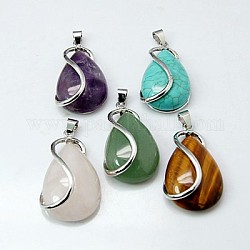 Mixed Stone Pendants, with Brass Findings, Drop, Nickel Metal, 38x21x10mm