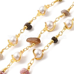 Chaînes de perles de tourmaline naturelle faites à la main, véritables chaînes à maillons en verre en laiton plaqué or 18 carat, soudé, avec bobine, sans cadmium et sans plomb, lien de perle: 12.5x8x6mm, puce de pierres précieuses: 16~19x8.5~10x5~6.5mm