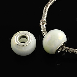 Electroplate Imitation Jade Glass  European Beads, with Silver Color Plated Brass Double Core, Full Rainbow Plated, Large Hole Rondelle Beads, Beige, 14~15x11mm, Hole: 4.5~5mm