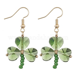 Boucles d'oreilles pendantes en trèfle en perles de verre, boucles d'oreilles en fil de laiton, verte, 43x33mm