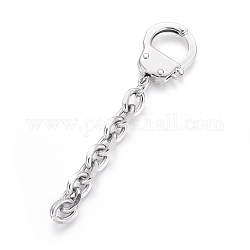 Accessoires de fermoir porte-clés en forme de menottes en 304 acier inoxydable, avec des chaînes câblées, couleur inoxydable, 82mm