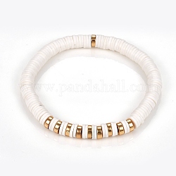 Bracelets élastiques faits à la main de perles heishi en pâte polymère, avec des non-magnétiques perles synthétiques d'hématite, blanc, diamètre intérieur: 2-3/8 pouce (6.2 cm)