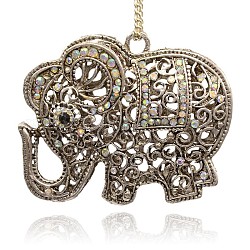 Alloy Crystal AB Rhinestone Animal Elephant Hollow Pendants, Antique Silver, 43x55x9mm, Hole: 4mm